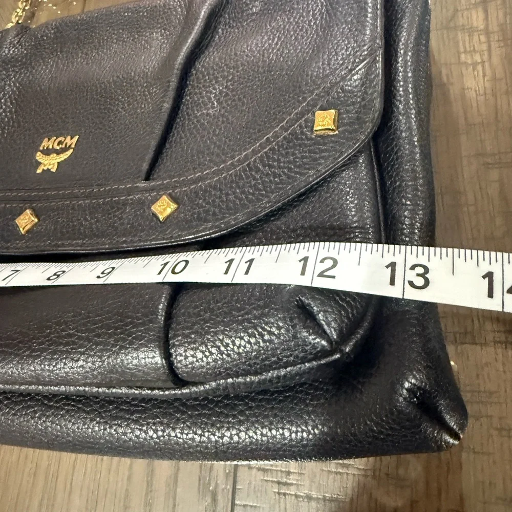 MCM Black Pebbled Leather Studded Flap Shoulder Bag w/ Chain Strap Vintage rare